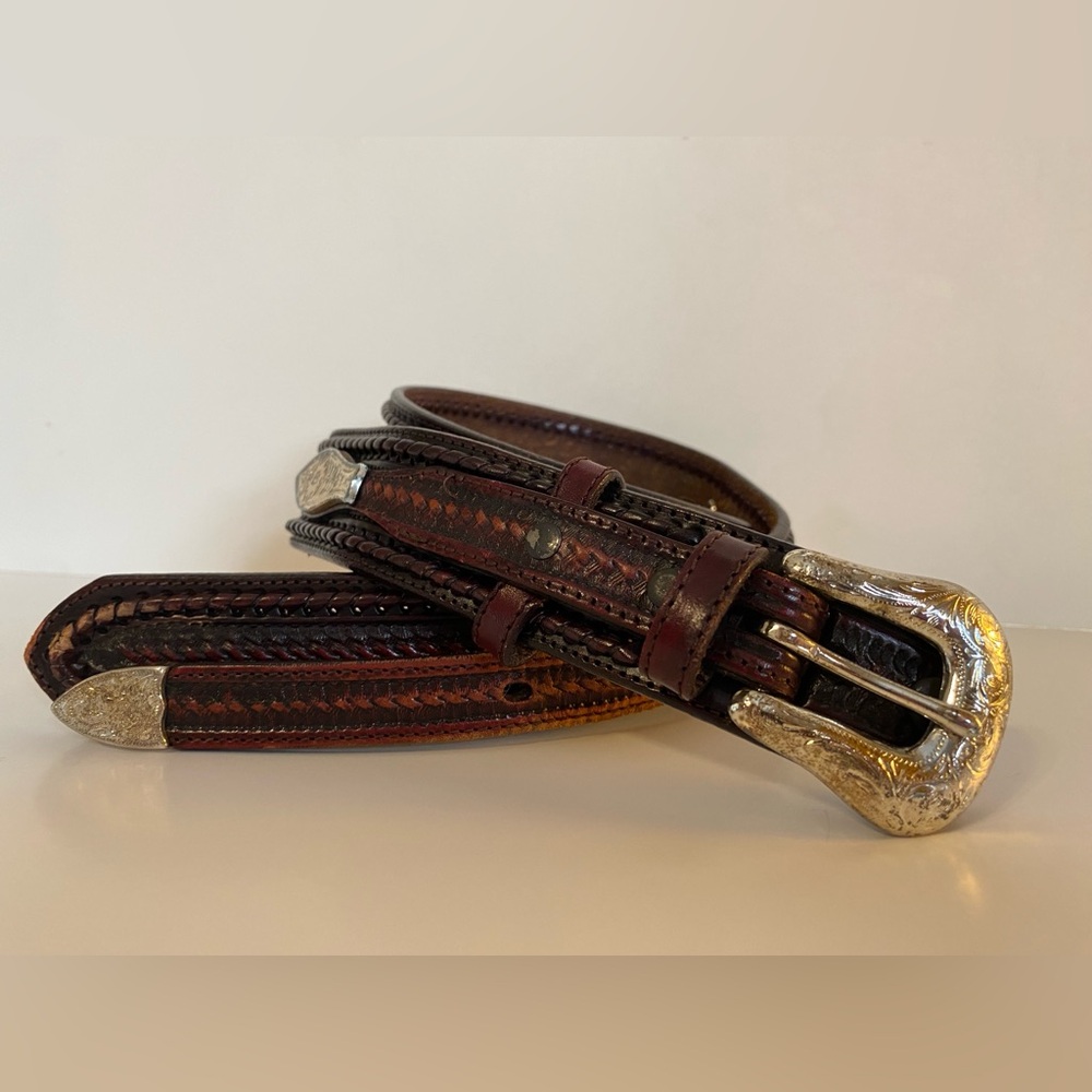 Vintage Resistol Leather Silver Tone Belt 36 Waist 36/90 Brown Full Grain - Picture 2 of 10